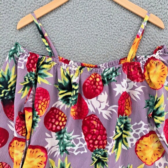 Entro Top Women Medium Purple Multi Pineapple Off Shoulder Crepe Tropical Blouse - Picture 2 of 10